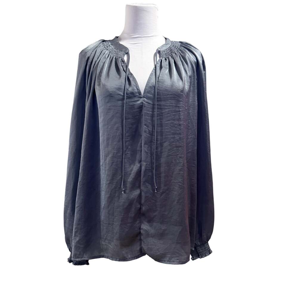 Lucky Brand Gray Satin Peasant Blouse Large Boho Romantic Office Workwear Fall